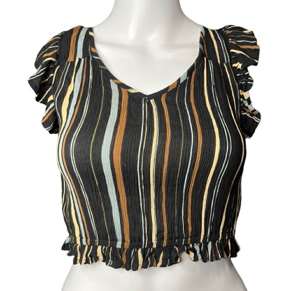 Patrons of Peace striped ruffle trim open back crop top blue & brown size XS